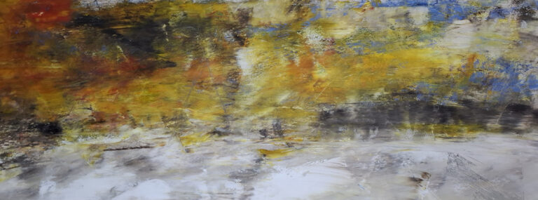 Schneelandschaft in der Abenddämmerung, vom Zug gesehen II, 2026, Öl auf Leinwand, 30 x 120 cm