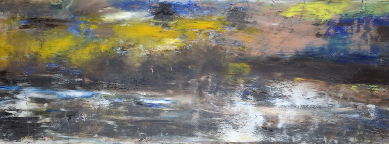Schneelandschaft in der Abenddämmerung, vom Zug gesehen III, 2026, Öl auf Leinwand, 30 x 120 cm