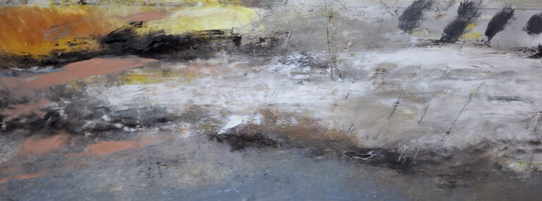 Schneelandschaft in der Abenddämmerung, vom Zug gesehen I, 2026, Öl auf Leinwand, 30 x 120 cm